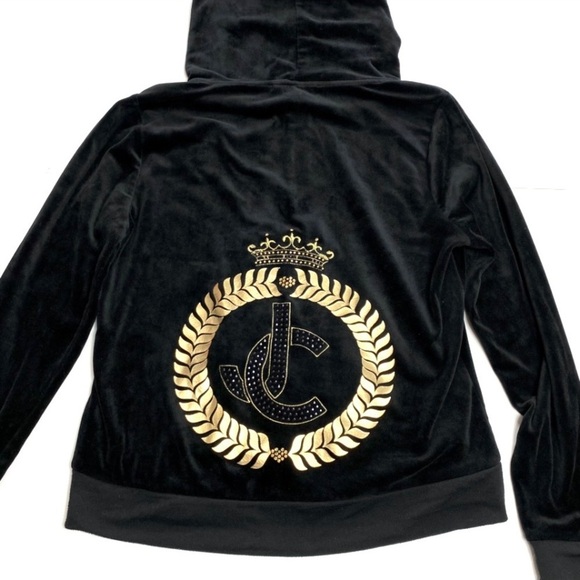 JUICY Culture Rare Velour JC Rhinestone Gold logo Velvet Track Hood Jacket Black - Picture 7 of 9